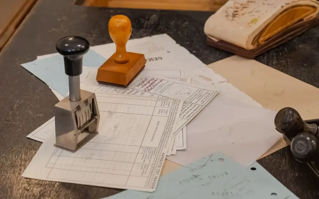 Cluttered desk with office stamps on top of various document