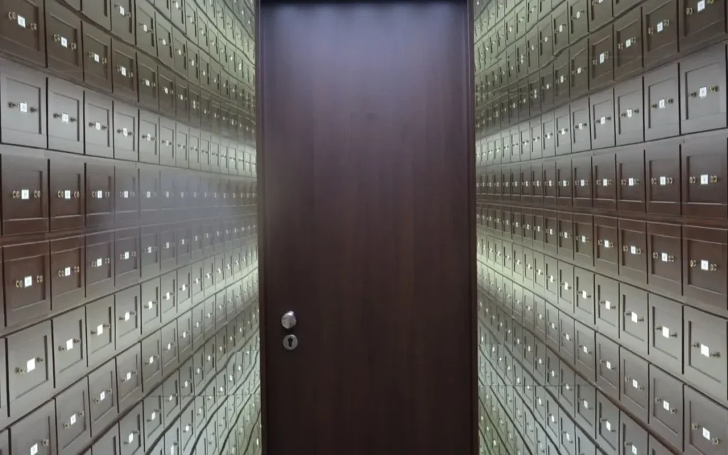 Wooden lockboxes line the walls of a modern, secure vault wi